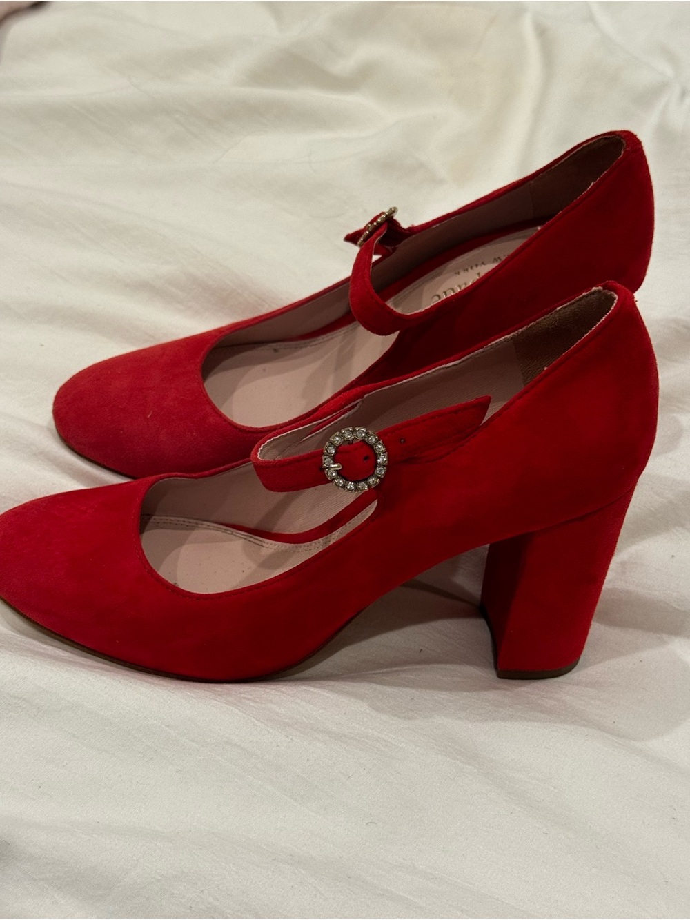 Kate Spade Red Suede Mary Jane Crystal Buckle Pumps Sz 7 - Picture 2 of 3